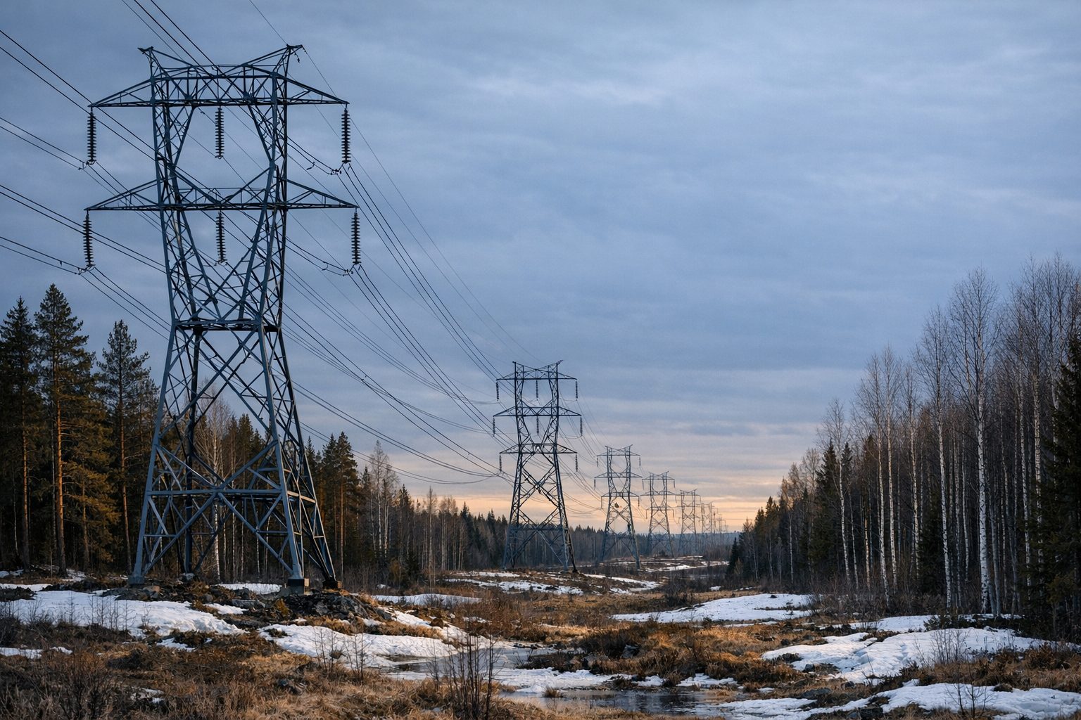 Suomalaisen kantaverkon voimalinjat ja pylväät hämärtyvässä metsämaisemassa