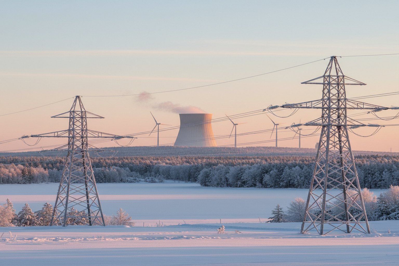 Suomalainen suurjännitelinja halkoo lumista talvimaisemaa kultaisen tunnin auringossa, taustalla ydinvoimalan jäähdytystorni ja tuulivoimaloita