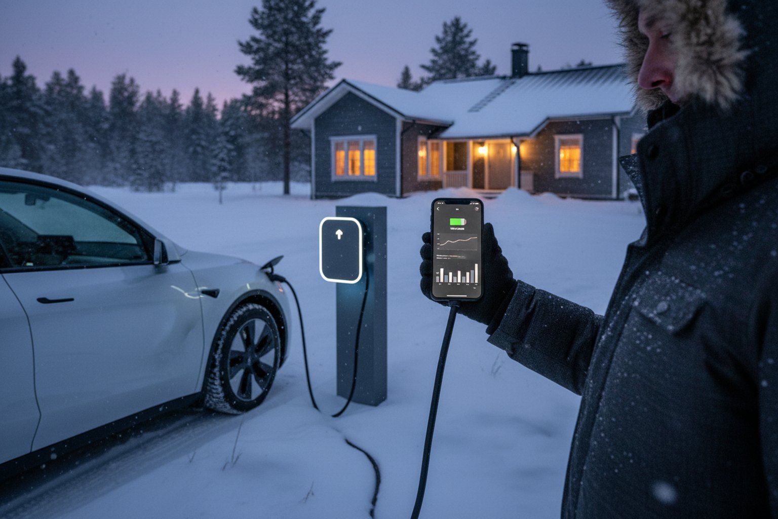 Tesla tai Volkswagen sähköauto kytkettynä seinälatausasemaan lumisella suomalaisella pihalla illansuussa, henkilön käsi näyttää älylataissovelluksen UI:ta iPhone-näytöllä