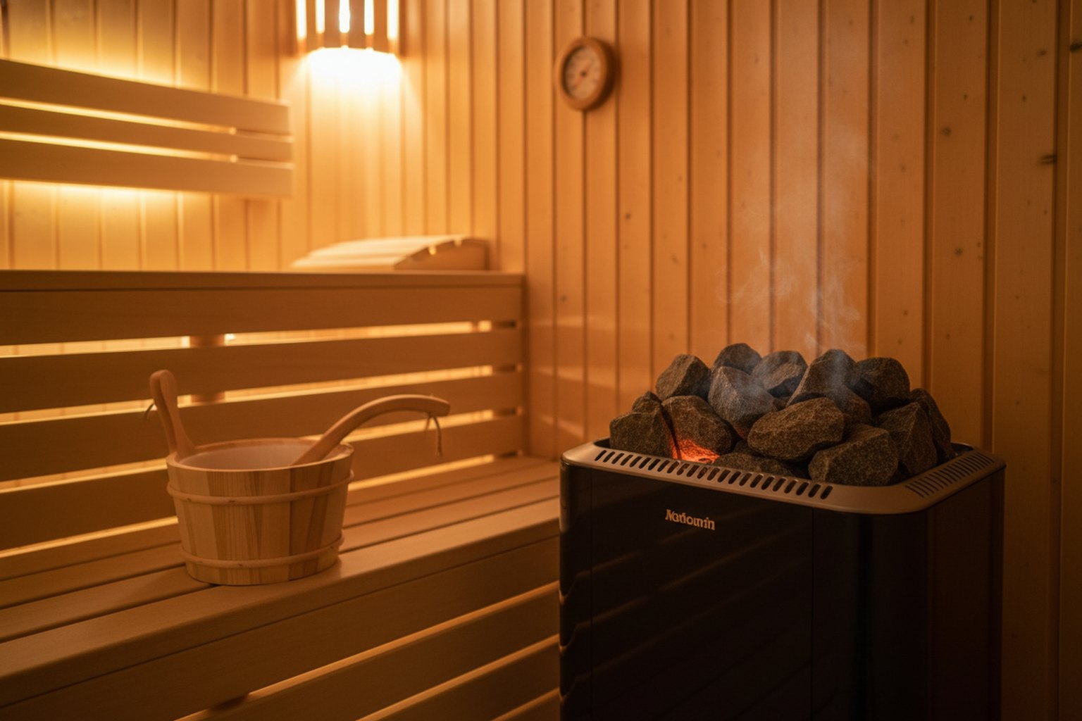 Suomalainen sauna lämpimässä valossa: sähkökiuas ja tummat vulkaaniset kivet, koivuinen kauha ja sammio