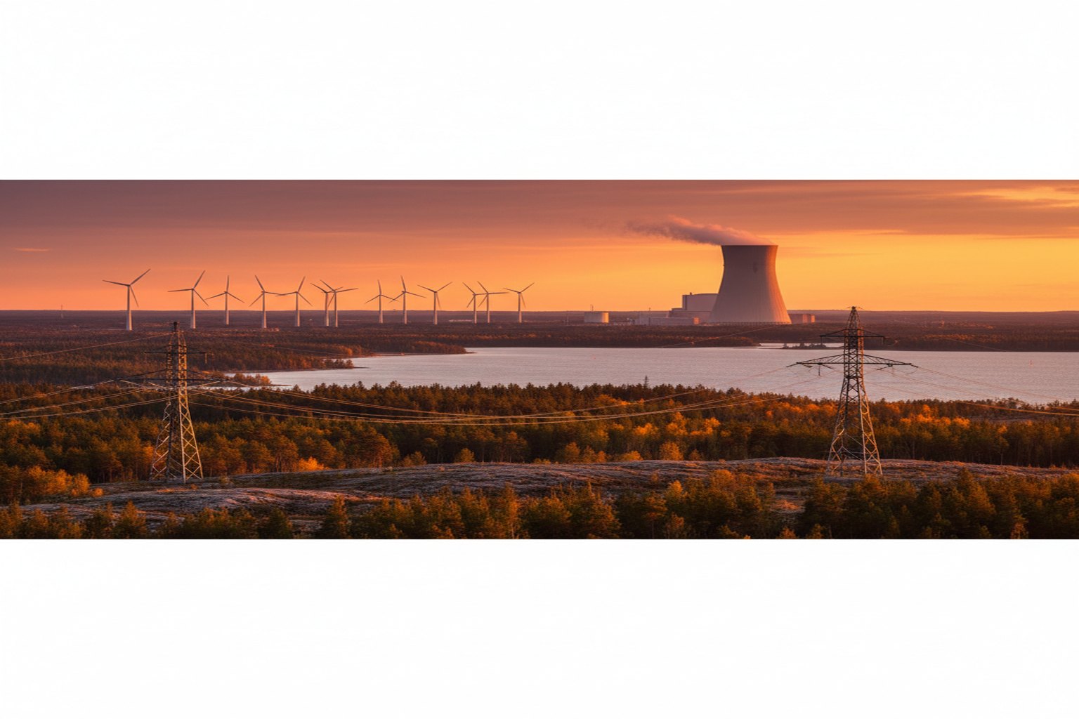 Panoraamanäkymä suomalaisesta maisemasta: Olkiluoto 3:n jäähdytystorni auringonlaskussa, tuulivoimalat länsirannikolla ja siirtolinja kultaisessa valossa